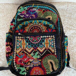 Johnny Was Black Fabric Embroidered Backpack